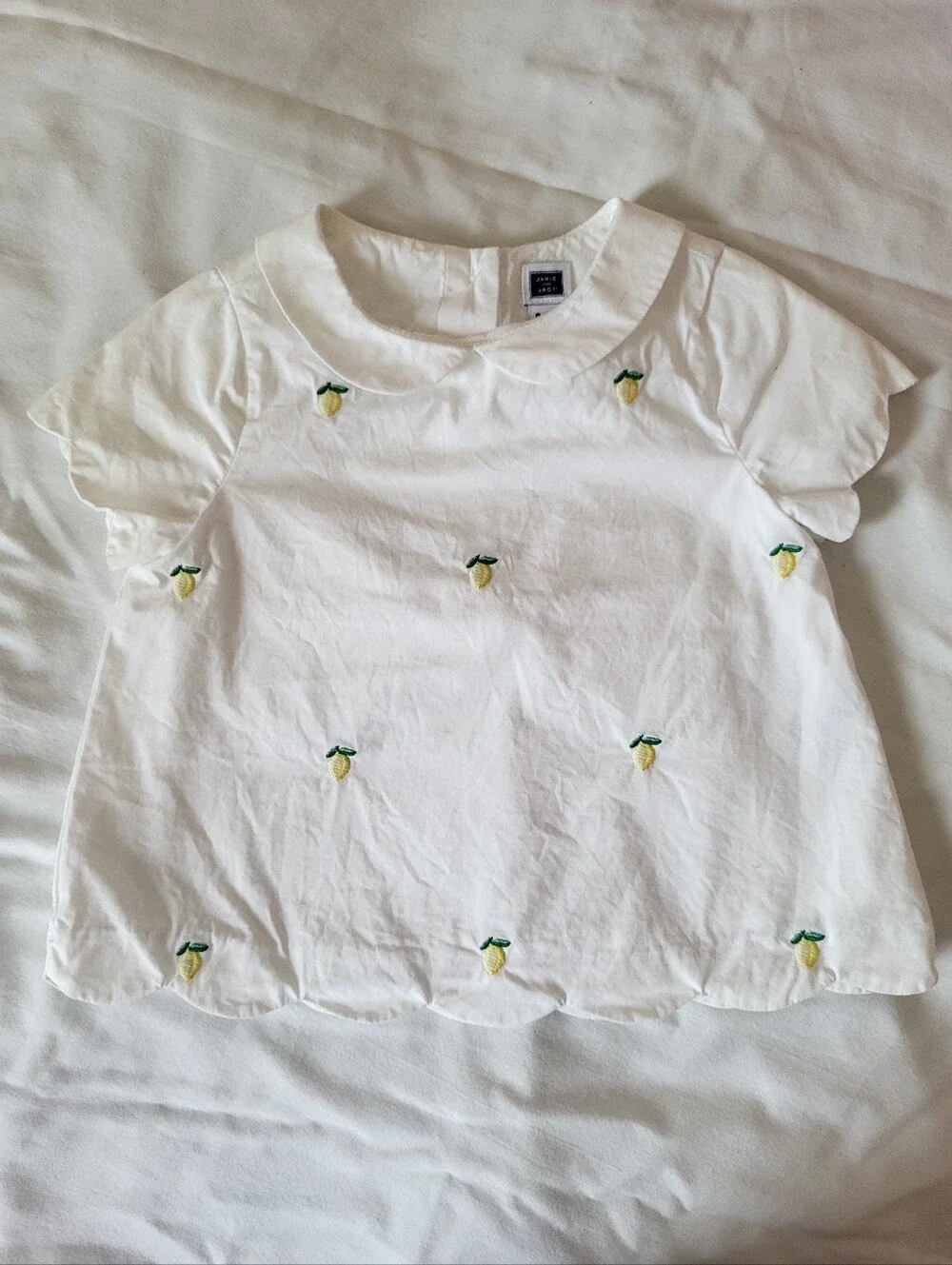 Janie & Jack • Girls, White, Lemon Embroidered Peter Pan Collar Top • 6-12 MOS